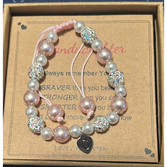 NIB Granddaughter Beaded Bracelet Pink/White with Silver Letter "C" Adjustable - Picture 4 of 4